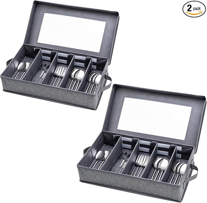 Silverware Storage Box 2 Pack, Flatware Storage, Utensil Storage with Removable Lid and Adjustable Dividers for Organizer Utensils, Cutlery, Flatware, Knives, Large Capacity Gray