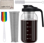 Cold Brew Coffee Maker Pitcher, 64oz Iced Coffee Tea Pitcher for Fridge with Stainless Steel Filter, 1/2 Gallon Glass Mason Jar Cold Brew Maker with Pour Spout Lid, Drying Mat, 2 Brushes, Leak-Proof