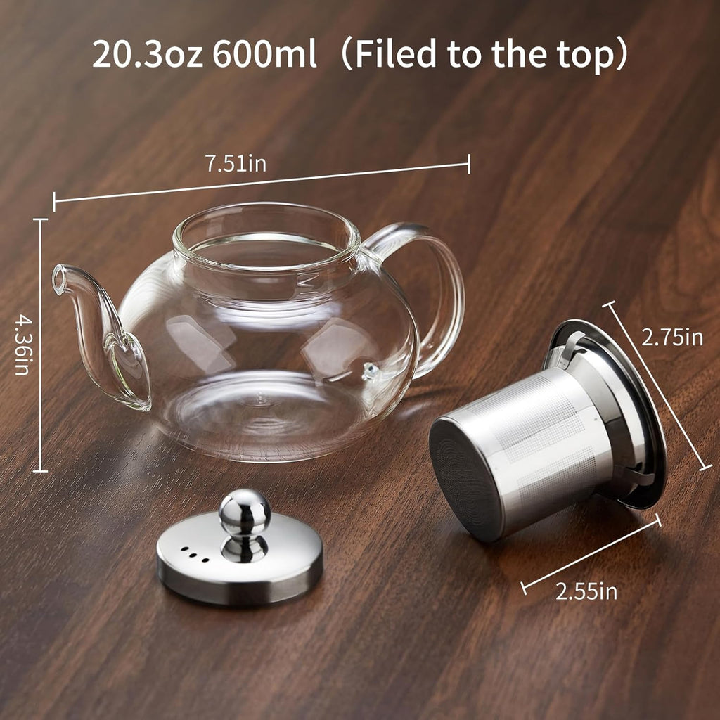 Glass Teapot Stovpetop Safe,20 oz/ 600 ml Stove Top & Microwave Safe Small Borosilicate Glass Kettle with Loose Leaf Tea Strainer For Flower Blooming Tea, Clear