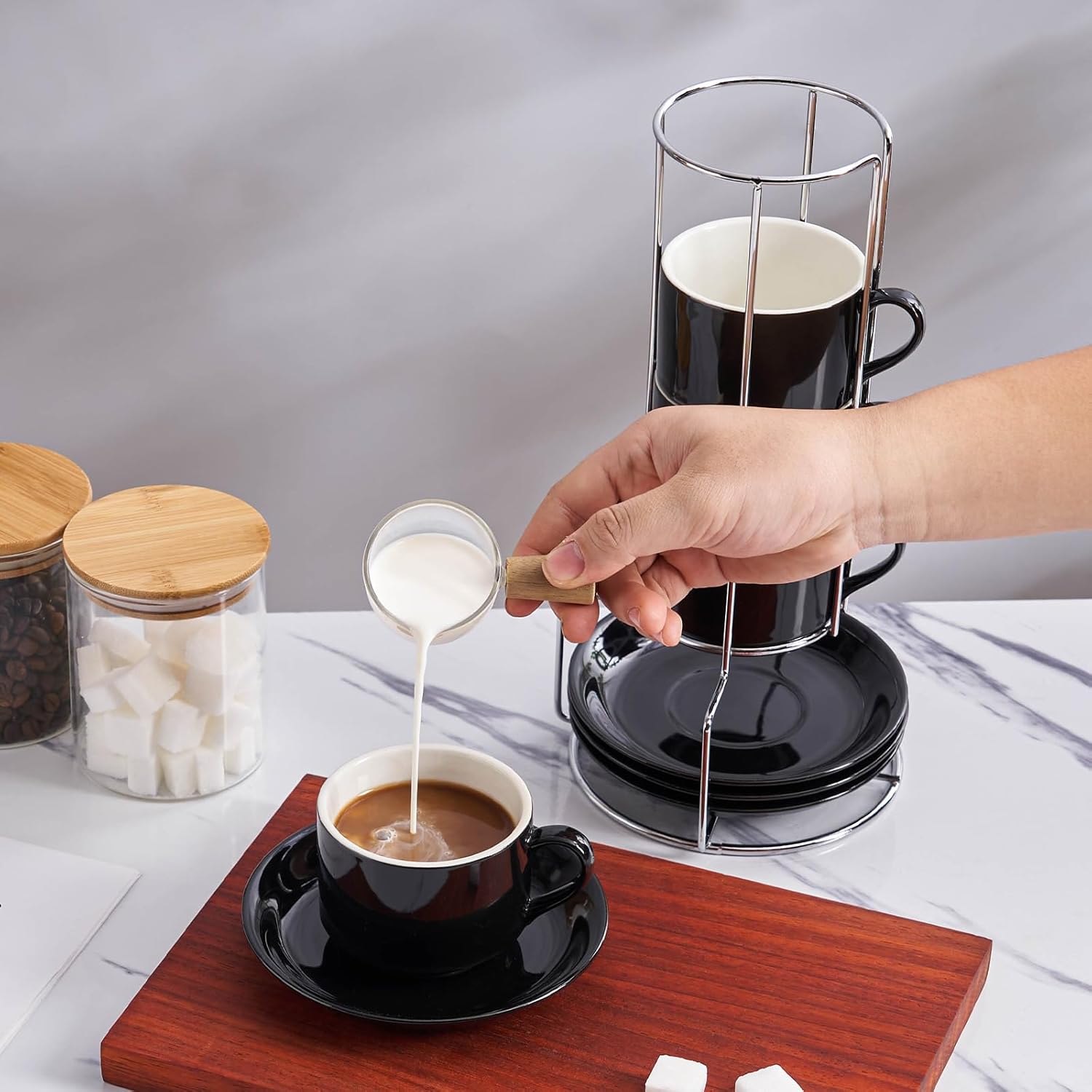 8 Ounce Porcelain Cappuccino Cups with Saucers and Silver Stand, Black Cups Set of 4