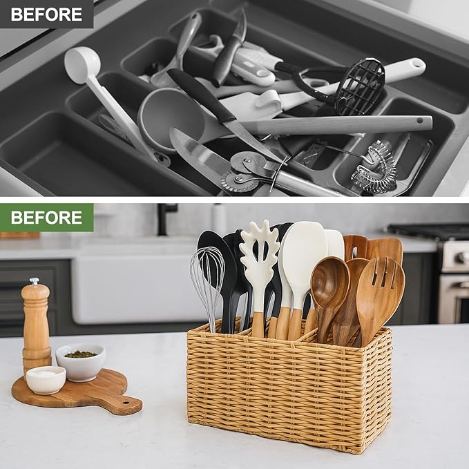 Extra Large Cooking Utensil Holder for Kitchen Counter Utensils Storage Organizer Caddy for Countertop Spatula Holder Big Utensil Crocks Jar Wicker Kitchen Tool Table Holders Decor Accessories