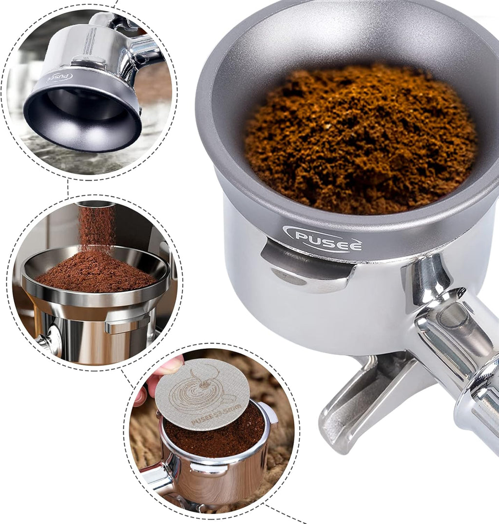 PUSEE Espresso Dosing Funnel & Puck Screen, Magnetic Coffee Dosing Ring Aluminum Metal, Reusable 1.7mm Thickness 150m Espresso Puck Screen 316 Stainless Steel Fits 51mm Portafilter