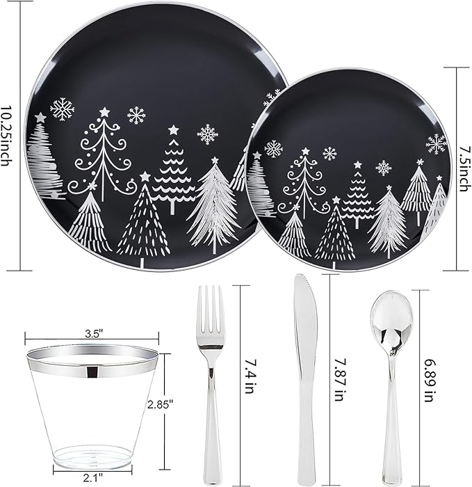 KIRE 150PCS Christmas Plates Disposable & Dinnerware Set for 25 Guests - Black & Silver Plates, Plastic Silverware & Cups With Silver Rim for Christmas Party Supplies