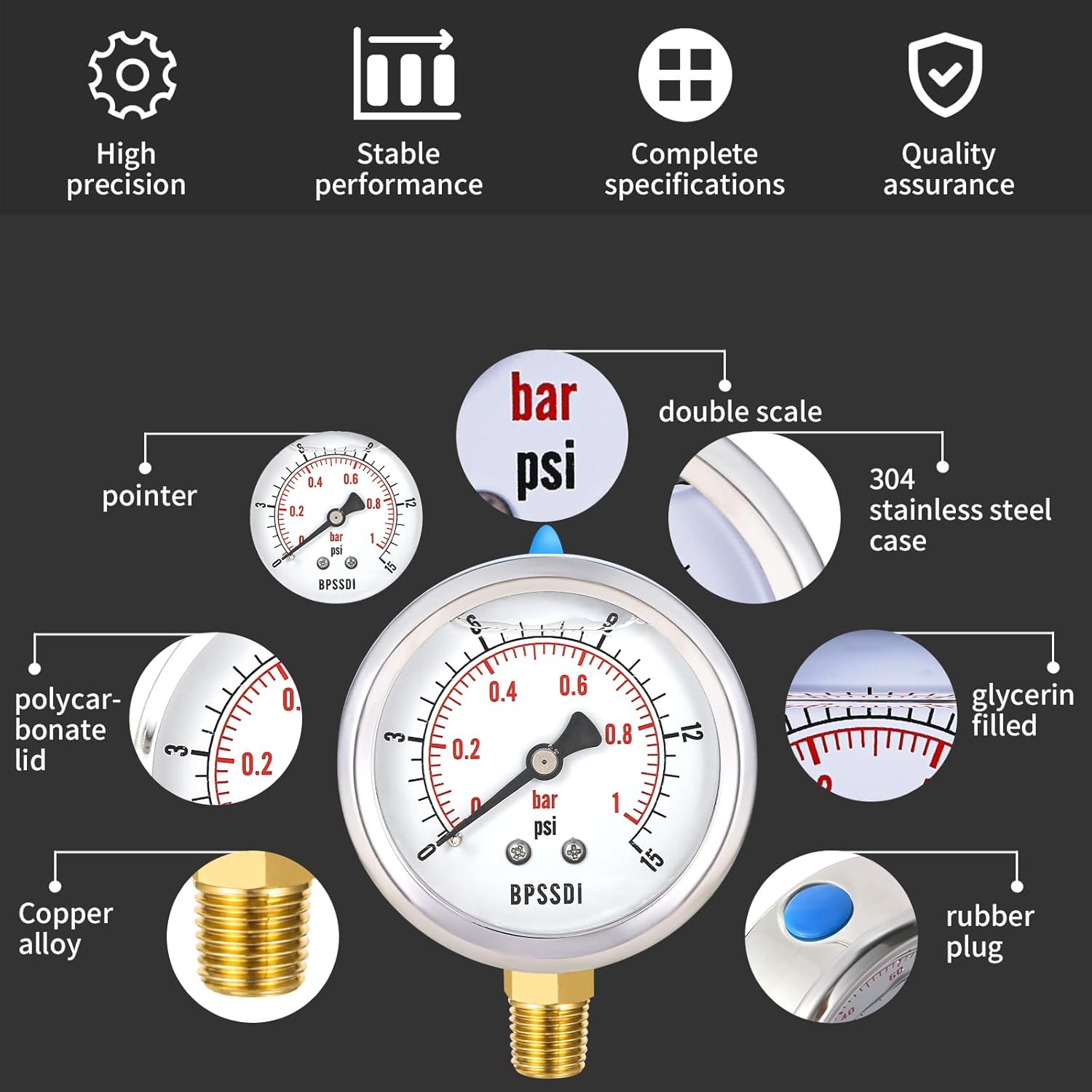 0-15 Psi Glycerin Liquid Filled Low Pressure Gauge, 2.5" Dial Size, 1/4" NPT Lower Mount, 304 Stainless Steel Case, for Water Pipe, HVAC, Water Oil Air Pressure Test