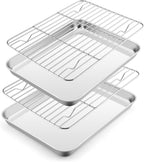 E-far Small Baking Sheet with Wire Rack (2 Pans + 2 Racks), Stainless Steel Cookie Sheets Trays & Cooling Rack for Toaster Oven, Non Toxic & Warp Resistant, Oven & Dishwasher Safe, 10.5 x 8.3 x 1 Inch