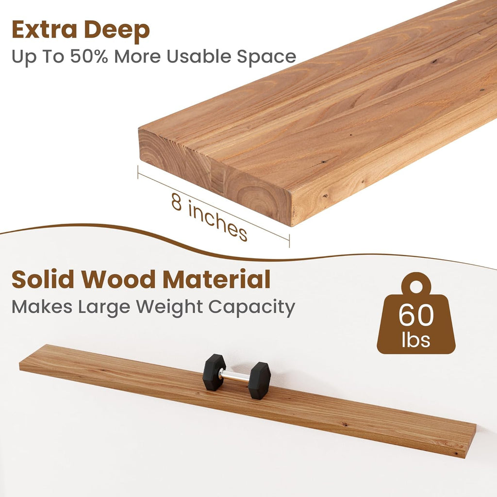Floating Shelves for Wall Decor, 8" Deep Rustic Solid Elm Wood Floating Shelves Wall Mounted, Wall Shelves with Invisible Bracket for Living Room Bathroom Bedroom Kitchen, 72 Inch Set of 1, Natural