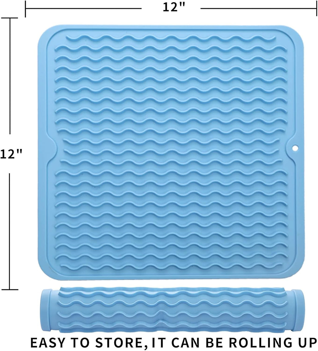 Silicone Dish Drying Mat for Multiple Usage,Easy clean,Eco-friendly,Heat-resistant Silicone Mat for Kitchen Counter or Sink,Refrigerator or Drawer liner Light Blue M 12 inches x 12 inches