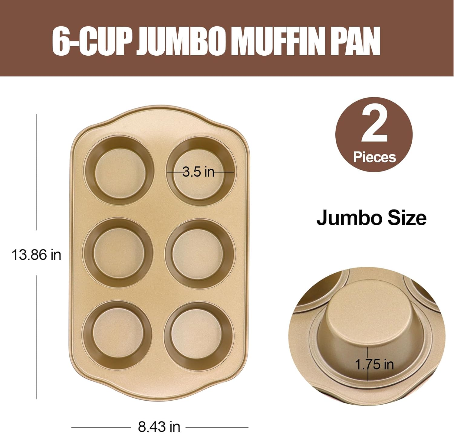 Jumbo Muffin Pan 2 Pack, Nonstick Large Cupcake Pan 6 Cup, Heavy Duty 0.5mm Thick Steel Big Muffin Tins for Baking, 3.5inch Dia, Gold