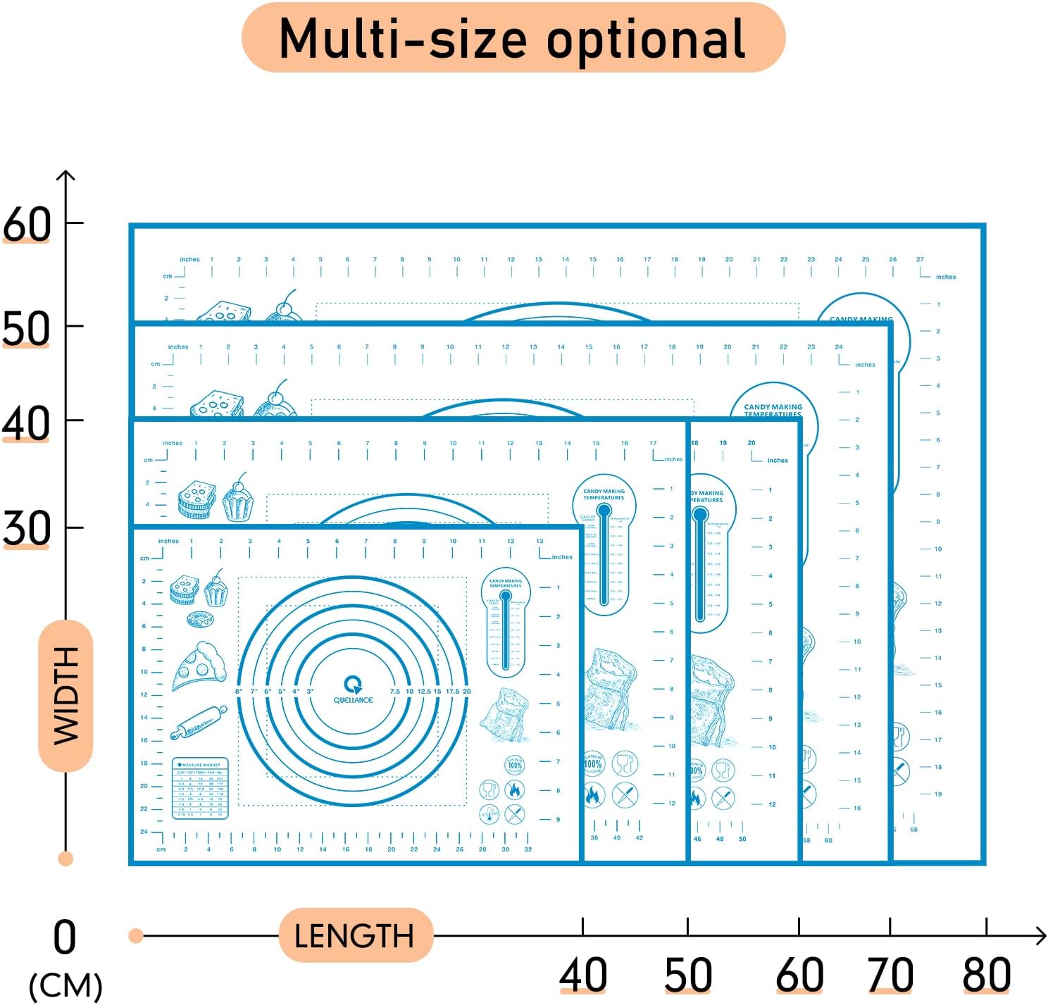 Silicone Pastry Mat with Measurement, Baking Mat for Fondant, Rolling Dough, Pie Crust, Pizza and Cookies, Fondant Mat,16" x 24", Blue