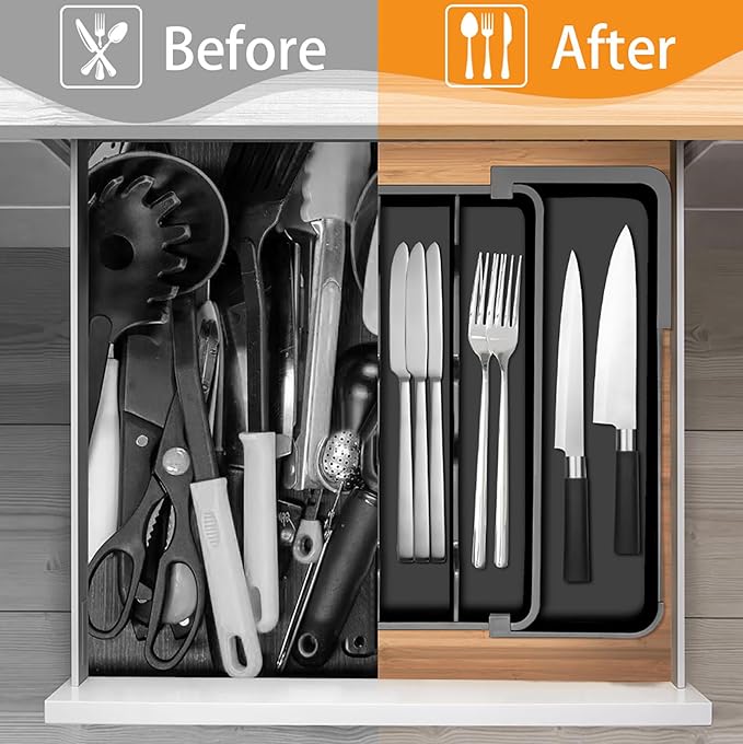 Homecor Silverware Organizer - Large Expandable Kitchen Drawer Organizer Utensil Holder, BPA Free Flatware and Cutlery Tray for Spoons Forks Knives, Plastic Kitchen Organizer and Storage