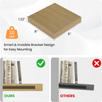 Square Floating Shelves for Wall, 8" W x 8" D x 1.2" H, Small Wooden Wall Mounted Display Shelves with Invisible Brackets for Living Room, Bedroom, Bathroom, Kitchen Decor, Set of 4, Oak