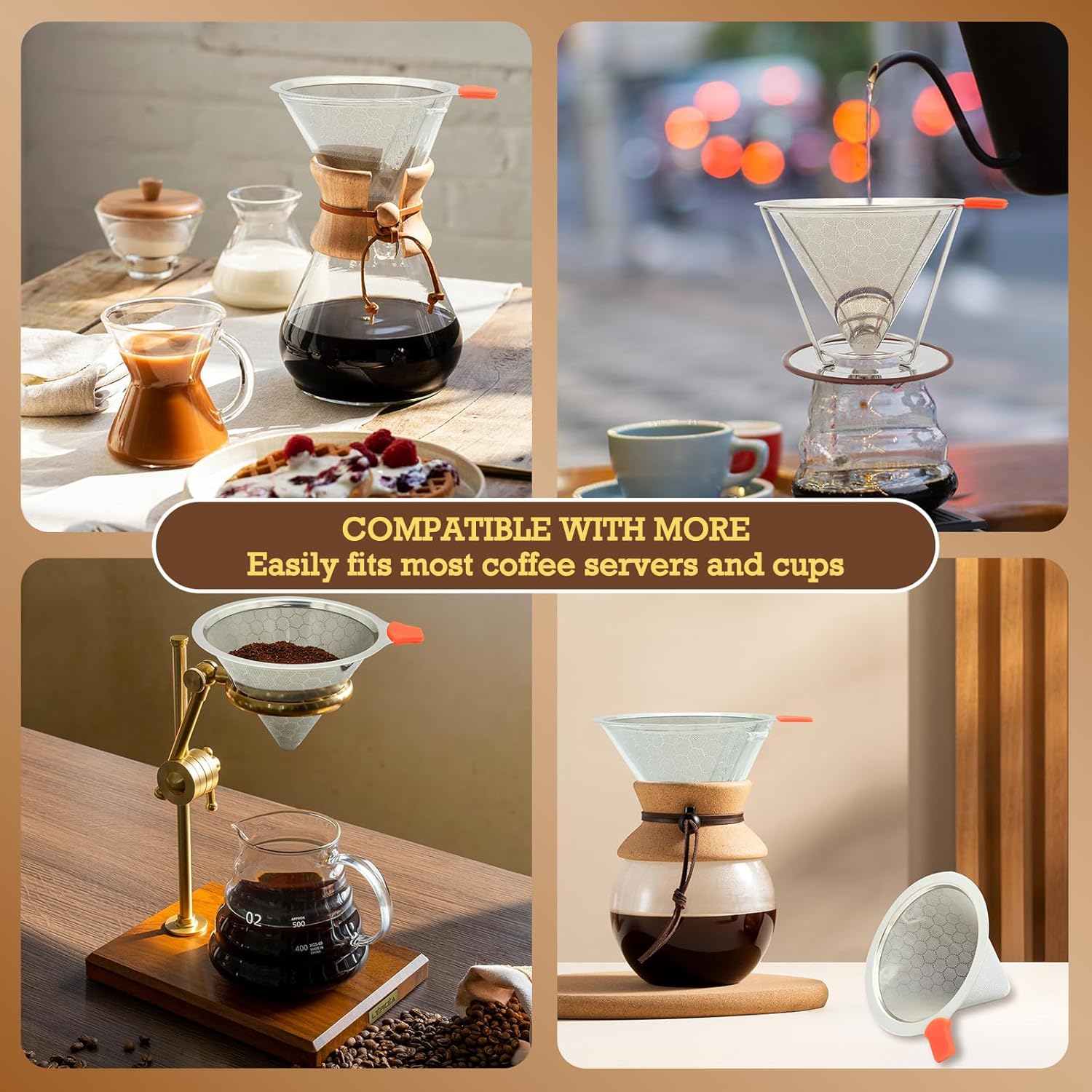 Pour Over Coffee Dripper, Paperless Pour Over Coffee Filter, Reusable Pour Over Coffee Maker Set, Dual-Layer Stainless Steel Cone Filter, Detachable Dripper Stand, Single Cup Brewer 1-4 Cup