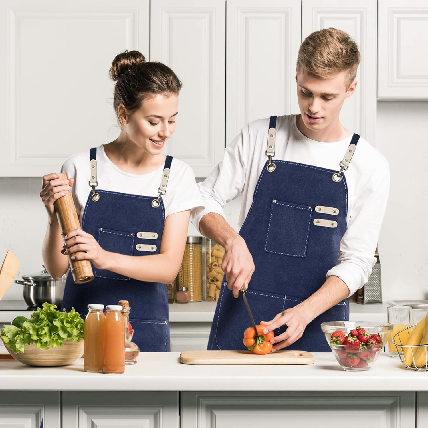 Cotton Canvas Cross Back Apron for Art Painting Garden Chef Bartender Work,Women Men 3 Pockets Waterproof Adjustable M-XXL