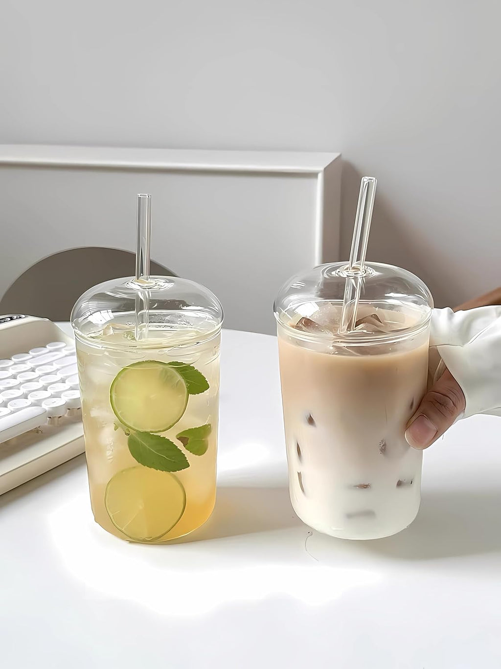 2 Pcs Drinking Glasses with Glass Lids and Glass Straw 16oz Glassware Set,Iced Coffee Glasses,Ideal for Water,Soda,Tea,Gift - with Cleaning Brushe