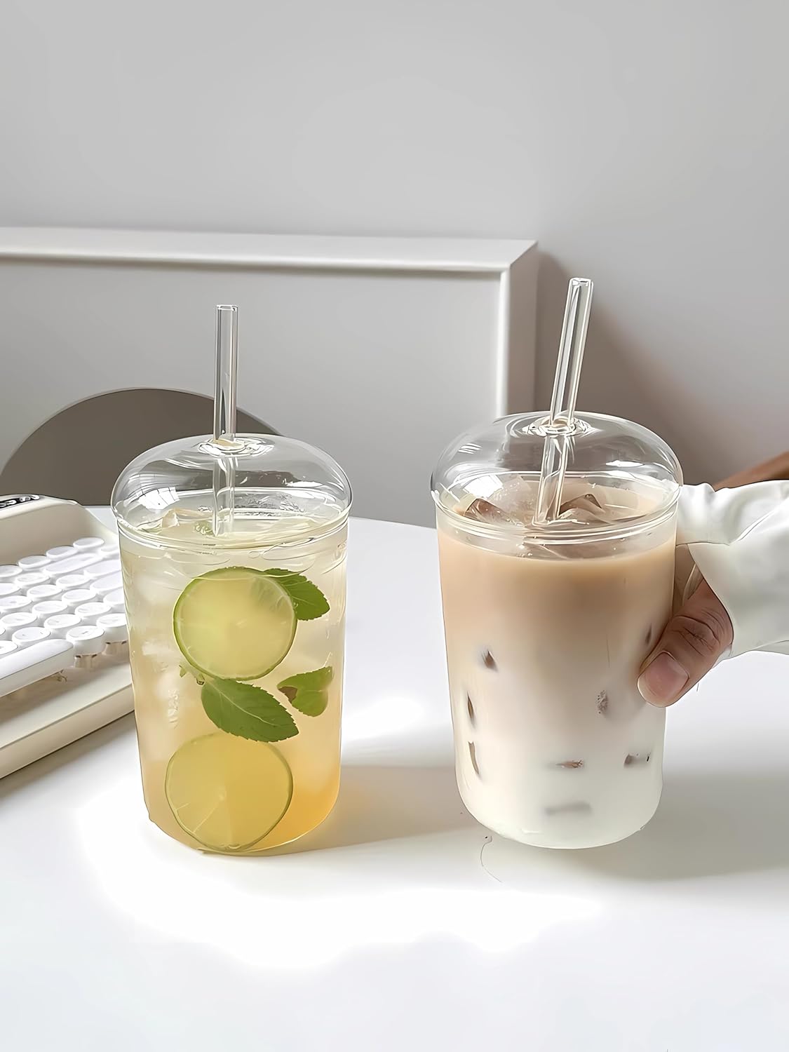 2 Pcs Drinking Glasses with Glass Lids and Glass Straw 16oz Glassware Set,Iced Coffee Glasses,Ideal for Water,Soda,Tea,Gift - with Cleaning Brushe