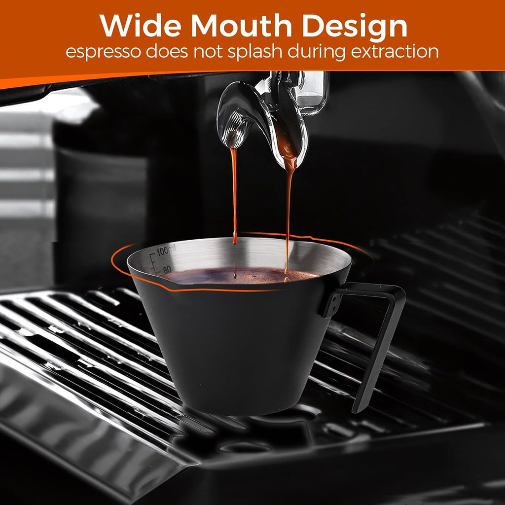 YARRAMATE Stainless Steel Espresso Shot Cup, Double Spout Metal Espresso Measuring Cup with V-Shaped Mouth, Espresso Accessories, 3.4OZ/100ML (Black)