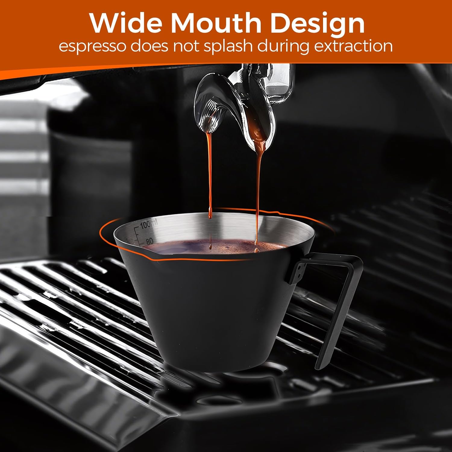 YARRAMATE Stainless Steel Espresso Shot Cup, Double Spout Metal Espresso Measuring Cup with V-Shaped Mouth, Espresso Accessories, 3.4OZ/100ML (Black)