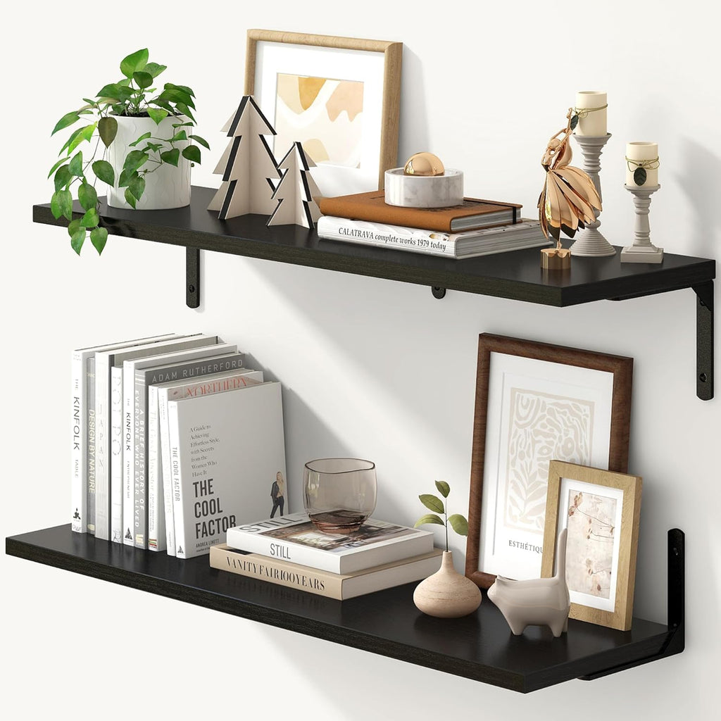 Fun Memories Deep Floating Shelves, 32W x 8D Floating Shelves Set of 2, Wall Mounted Shelf with Metal Brackets, Rustic Wood Wall Shelf for Bathroom, Kitchen and Living Room, Black