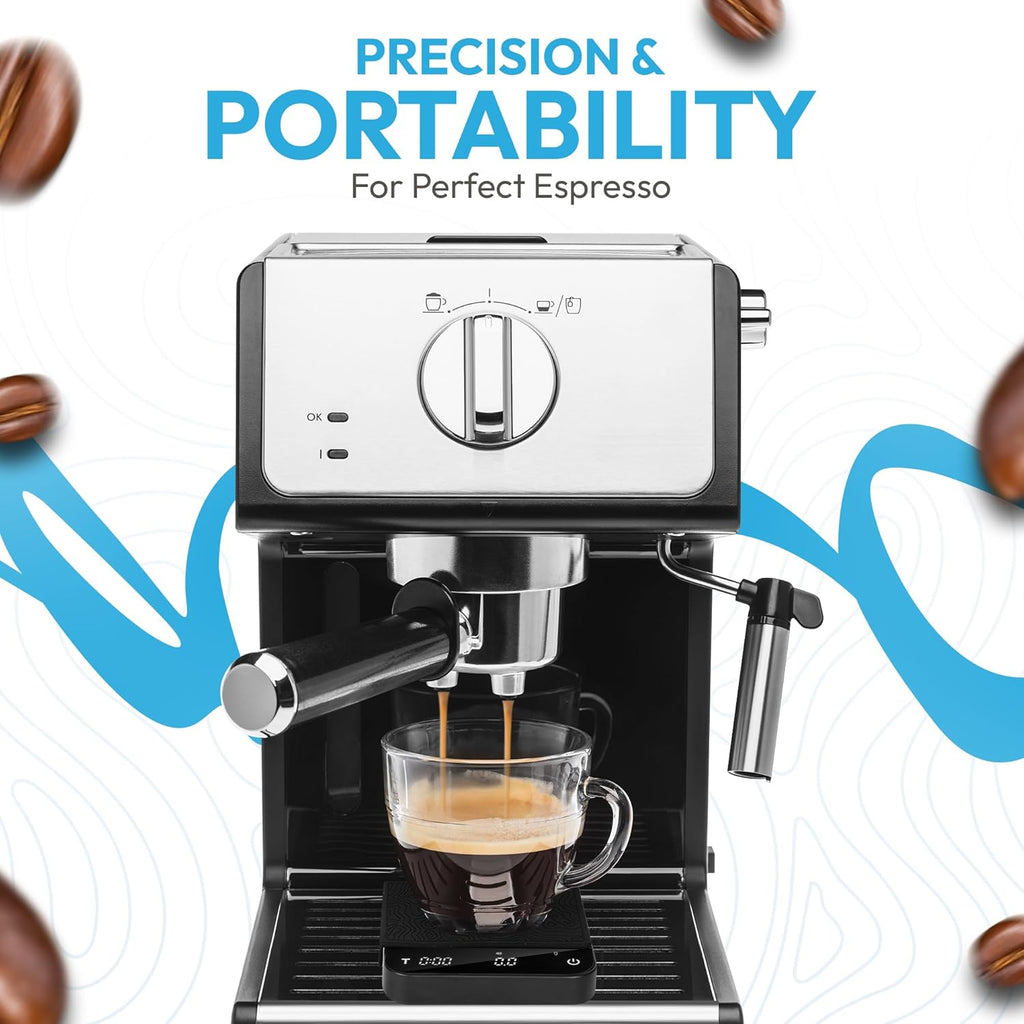 Mini Coffee Scale with Timer – Digital Barista Weight Scale with Designer-Patterned Tamper Mat, 0.1g High Precision, Portable & Rechargeable for Espresso, Pour Over, Drip, and Kitchen Brewing Use