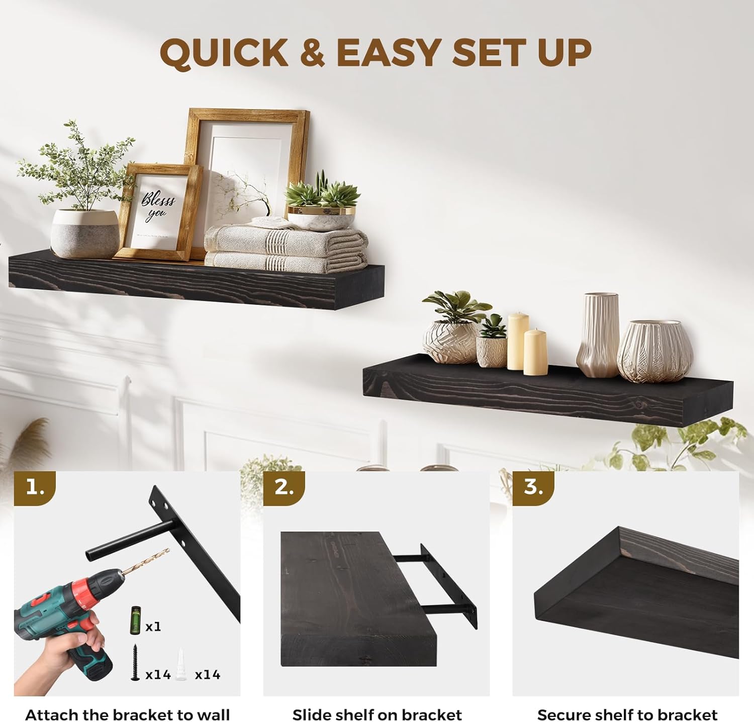 24x8x1.6 inch Floating Shelves Set of 2 – Solid Wood Rustic Black Wall Mounted Shelf for Kitchen, Bathroom, Living Room