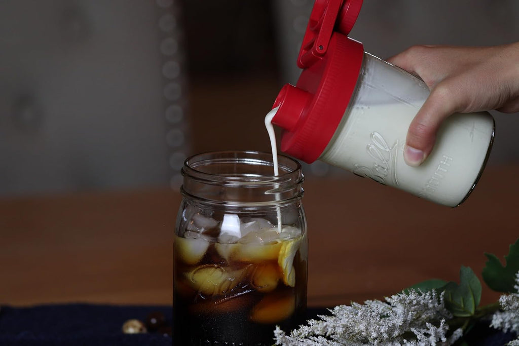 Brewing America Creamer Jar with Pouring Lid and 1 Pint (16 oz) Azure Mason Jar, Red Wide Mouth Pour Lid for Milk, Sugar, and Cream, 1-Pack