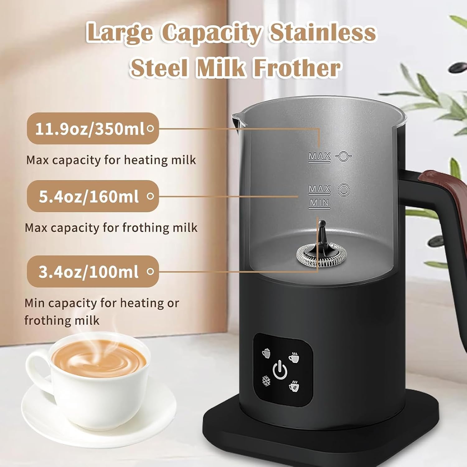 Electric Milk Frother, 4 in 1 Milk Steamer, 11.8oz/350ml Automatic Hot and Cold Foam Maker for Coffee, Latte, Cappuccino, Macchiato, Hot Chocolate, Stainless Steel Body, Matte Black