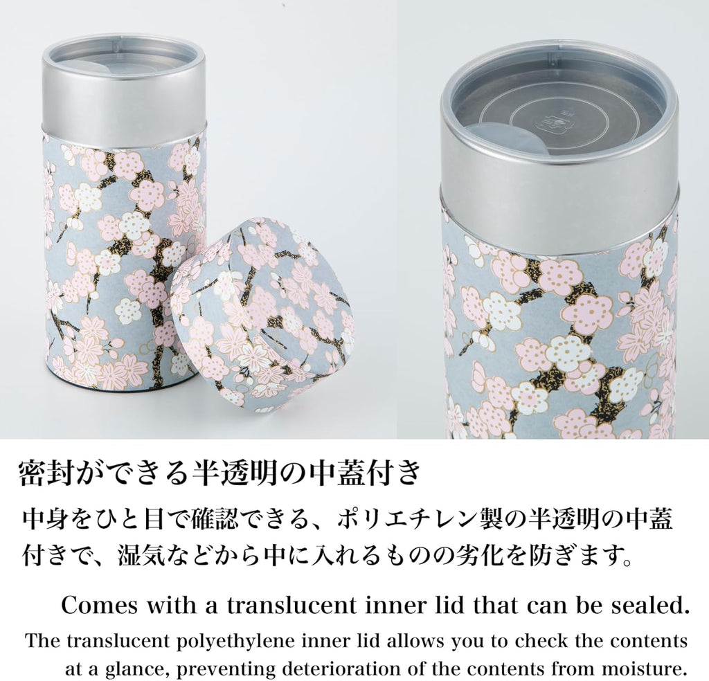 Japanese Tea Canister Tin ( Yuzen Washi Paper - Plum and Sakura / Gray ), 7.06oz Size / Made in JAPAN with Includes Inner Lid of Airtight Damp-Proof / Kitchen Jar for Loose Leaf Coffee Tea Spice and