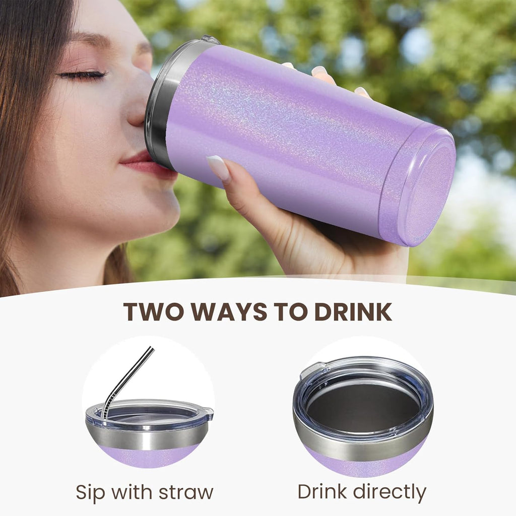 MEWAY 20oz Tumbler 8 Pack Double Wall Vacuum Insulated Travel Glitter Mug Bulk, Stainless Steel Tumblers with Lid and Straw, Powder Coated Coffee Cups for Woman(Rainbow Purple,Set of 8)