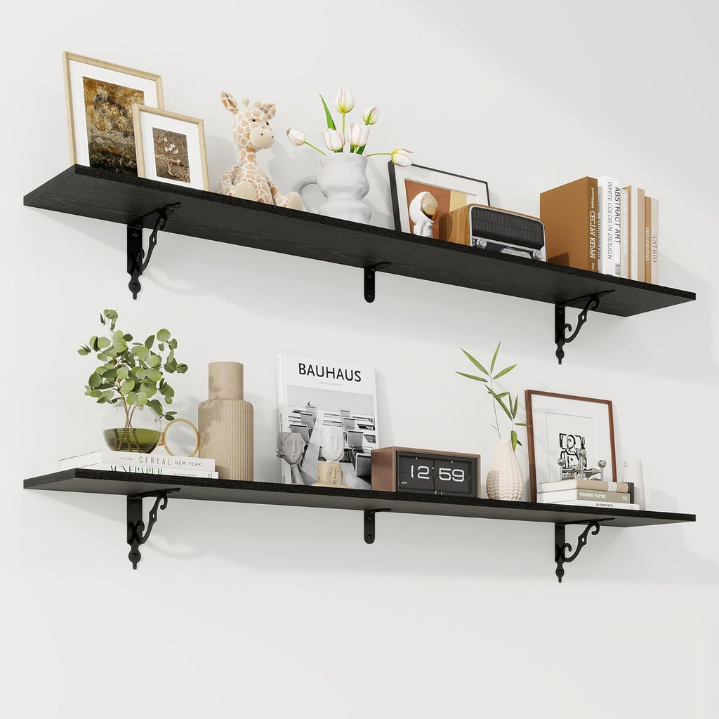 RICHFOCUS Floating Shelves for Wall Decor, 55.1W x 8D Wall Shelves Set of 2, 8 Inch Deep Rustic Wood Shelves Wall Mounted with Brackets, Long Floating Shelves for Living Room Bedroom Kitchen, Black