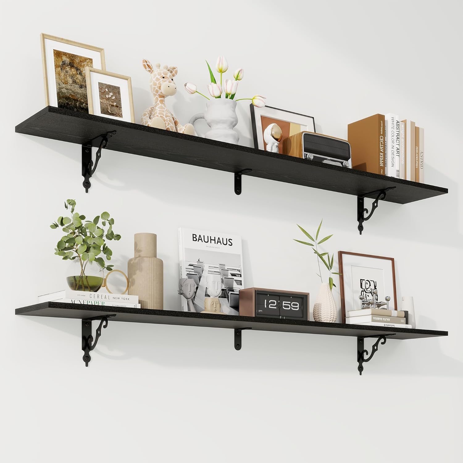 RICHFOCUS Floating Shelves for Wall Decor, 55.1W x 8D Wall Shelves Set of 2, 8 Inch Deep Rustic Wood Shelves Wall Mounted with Brackets, Long Floating Shelves for Living Room Bedroom Kitchen, Black