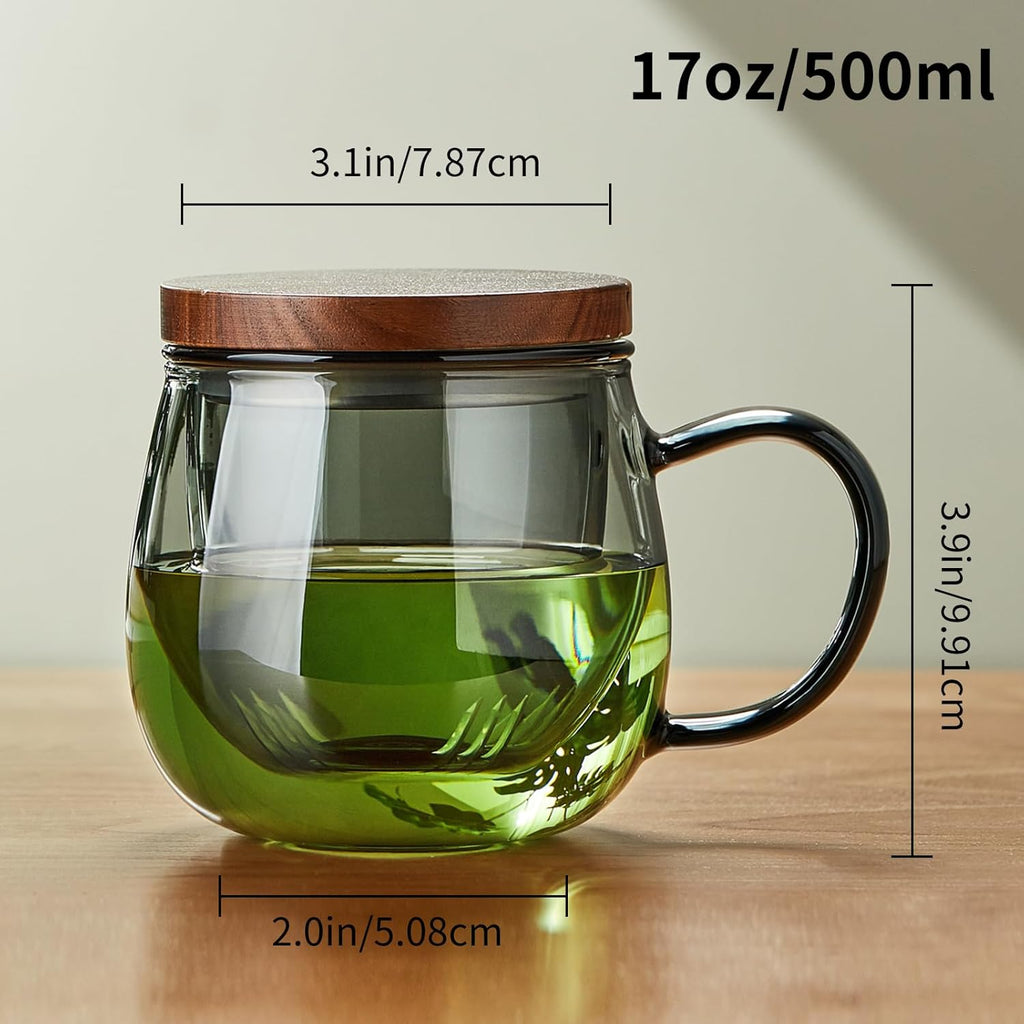 17 OZ Glass Tea Cup with Infuser and Lid, 500 ML Large Borosilicate Teacup, Clear Mug for Loose Leaf Tea, Blooming Tea, Tea Bags - Perfect Christmas or Birthday Gift for Women