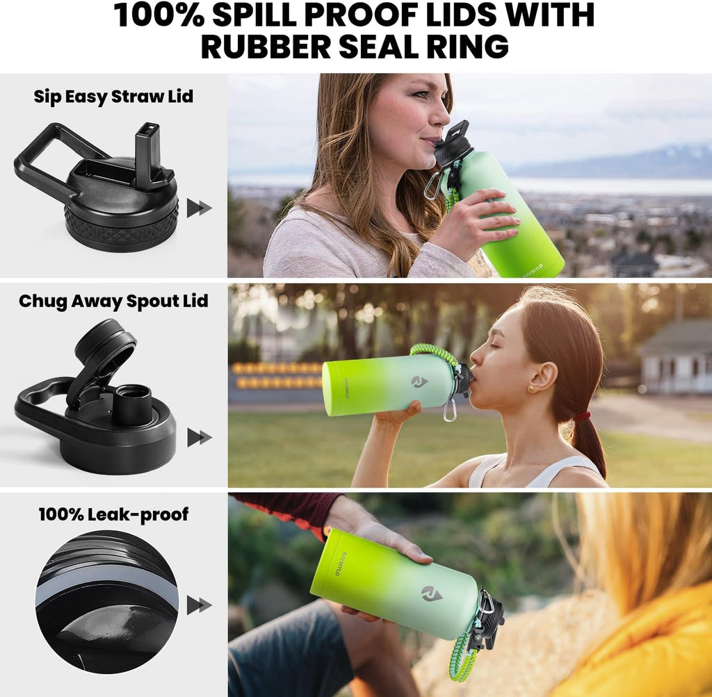 Insulated Water Bottle 87 oz, Triple Wall Vacuum Stainless Steel (Cold for 48 Hrs), Leak Proof & Non-BPA, Modern Water Flask Jug with Paracord Handle & Straw Spout Lids, Ombre Green