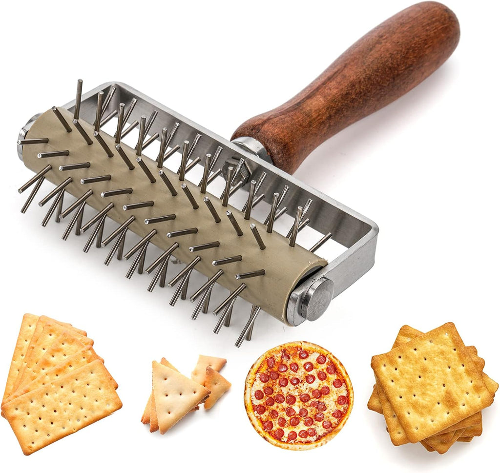 Hiceeden Set of 2 Pizza Dough Roller & Dough Docker, Stainless Steel Dough Hole Maker Puncher Wooden Rolling Pin for Pizza, Cookie, Pie, Pastry, Bread, Crust