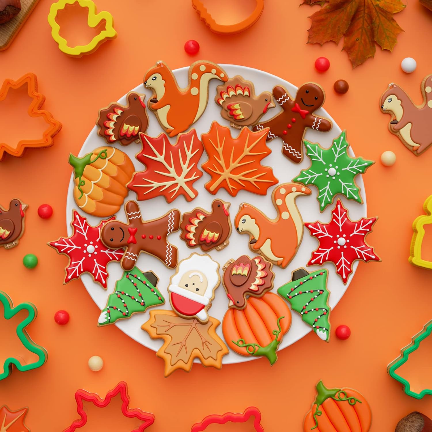 Fall Thanksgiving Cookie cutters Set 8 Pieces, Holiday Christmas Cookie Cutters Pumpkin Leaf Baking Cutters Shapes for Kids with Comfort Grip, Gingerbread Man, Turkey, Squirrel, Xmas Tree, Santa, etc