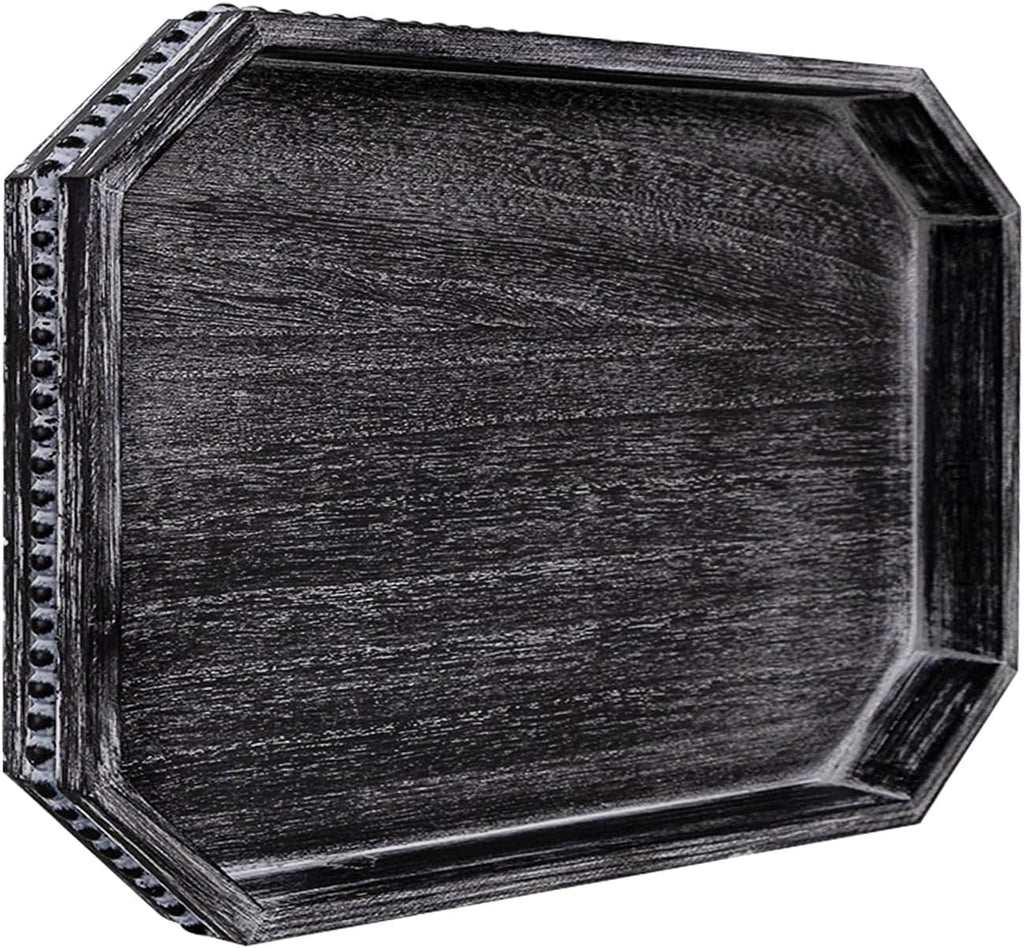 Decorative Coffee Table Serving Tray, Long Octagonal Black Wood Tray with Wooden Bead, Farmhouse Big for Ottoman Table, Countertop, Home Decor, 16.5"x13"x1.6" (Retro Black)