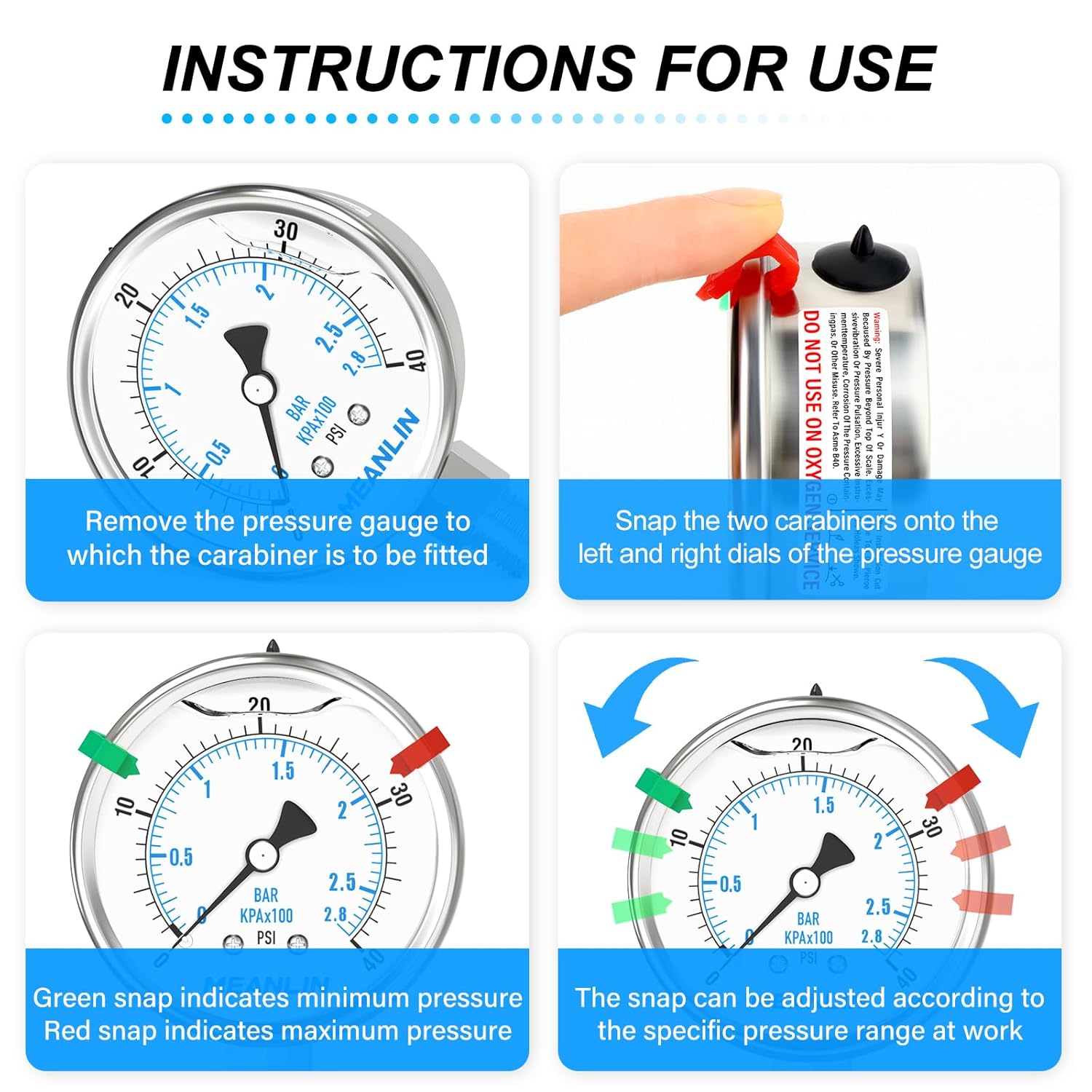 MEANLIN MEASURE 0~40Psi Liquid Filled Pressure Gauge Stainless Steel 2.5" FACE DIAL 1/4" NPT 316 Stainless Steel Joint for Pool Sand Filter Water Oil Air Pressure Test Lower Mount, with 2PCS Snaps