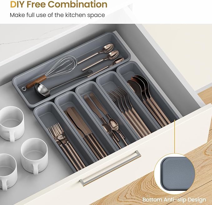 6 Pack Silicone Drawer Organizer for Kitchen, DIY Free Combination Silverware Organizer, Utensil Drawer Organizer, Moisture-proof and Heat-resistant up to 200°C, Anti-slip and Environmentally (Grey)