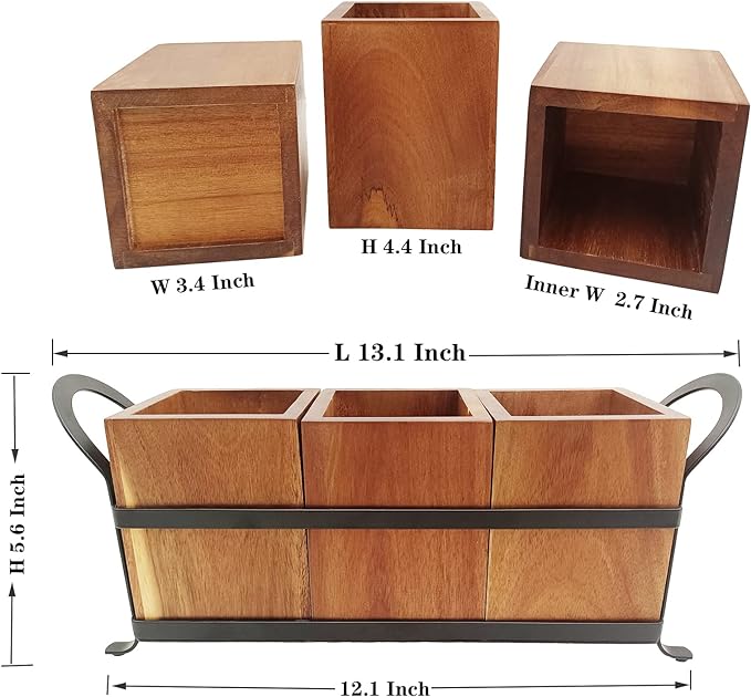 Utensil Caddy Silverware Cutlery Holder with 3 Compartment, Wooden Utensil Crock Flatware Organizers with Metal Tray, Rustic Kitchen Utensil Organizers for Farmhouse Kitchen and Countertop