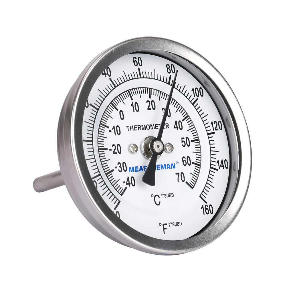 MEASUREMAN Fully Stainless Steel Pot, Kettle, Brewing Bimetal Dial Thermometer, 3" Dial, 2-1/2" Stem, -40-160 deg F/-40-70 deg C, -1% Accuracy, Adjustable, 1/2" NPT Back Mount