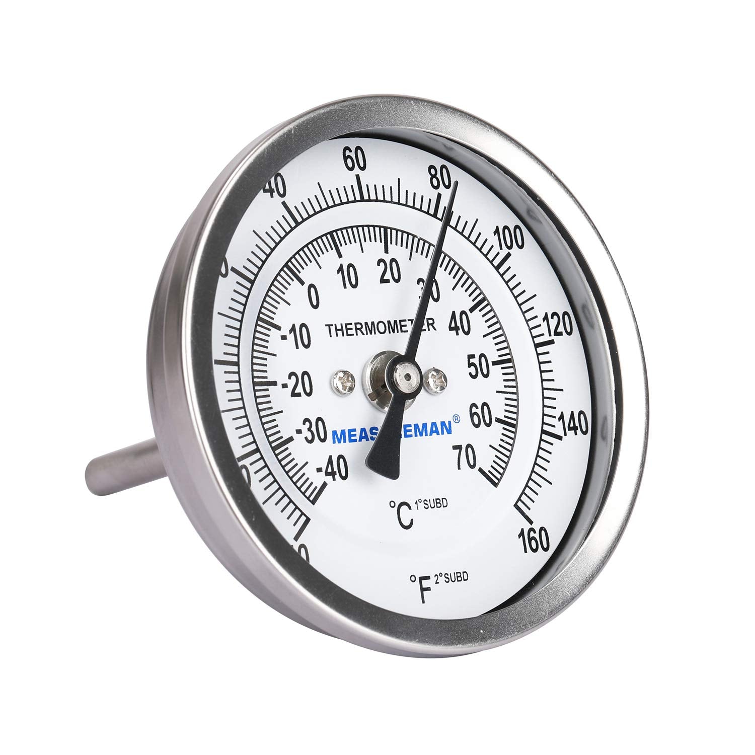 MEASUREMAN Fully Stainless Steel Pot, Kettle, Brewing Bimetal Dial Thermometer, 3" Dial, 2-1/2" Stem, -40-160 deg F/-40-70 deg C, -1% Accuracy, Adjustable, 1/2" NPT Back Mount