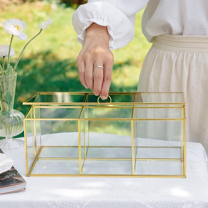 NCYP Glass Tea Bags Organizer Box, 11.4" x 7.1" x 4.5" Coffee Bag Storage Box, 6 Grids Compartments Handcrafted Brass Jewelry Counter, Display Case, Handmade (Glass Box Only)