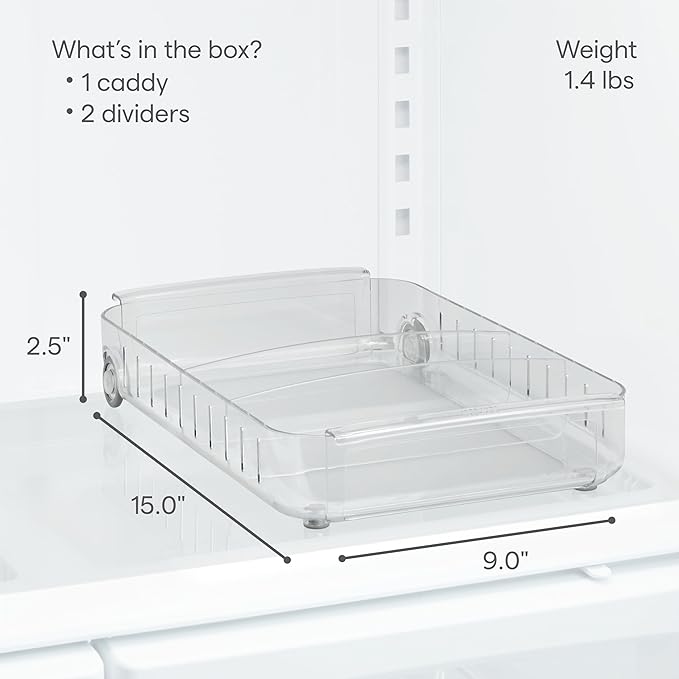 YouCopia RollOut Fridge Caddy BPA-Free Clear Rolling Refrigerator Organizer Bin with Adjustable Dividers and Handles, 9" Wide