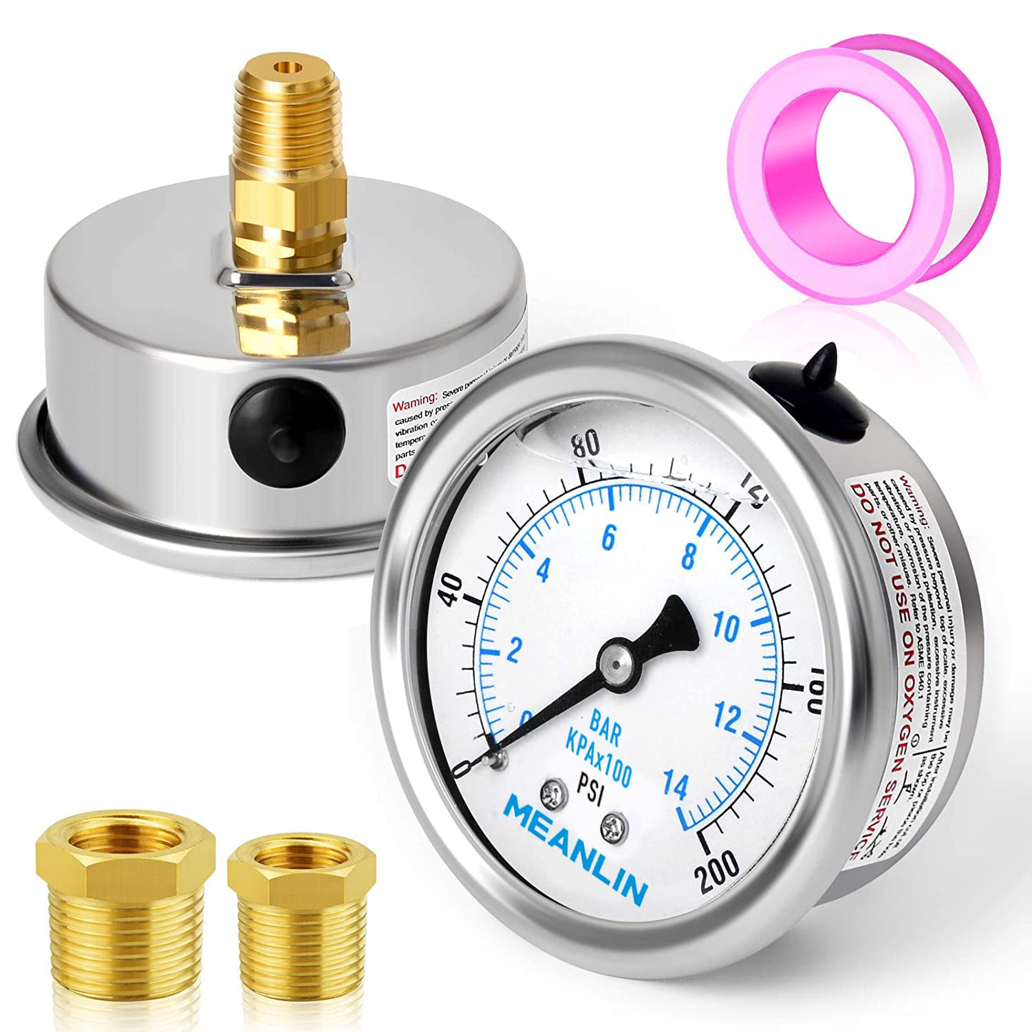 MEANLIN MEASURE 0~200Psi Stainless Steel 1/4" NPT 2.5" FACE DIAL Liquid Filled Pressure Gauge WOG Water Oil Air Center Back Mount, with 1/2" NPT and 3/8" NPT Hex Bushing