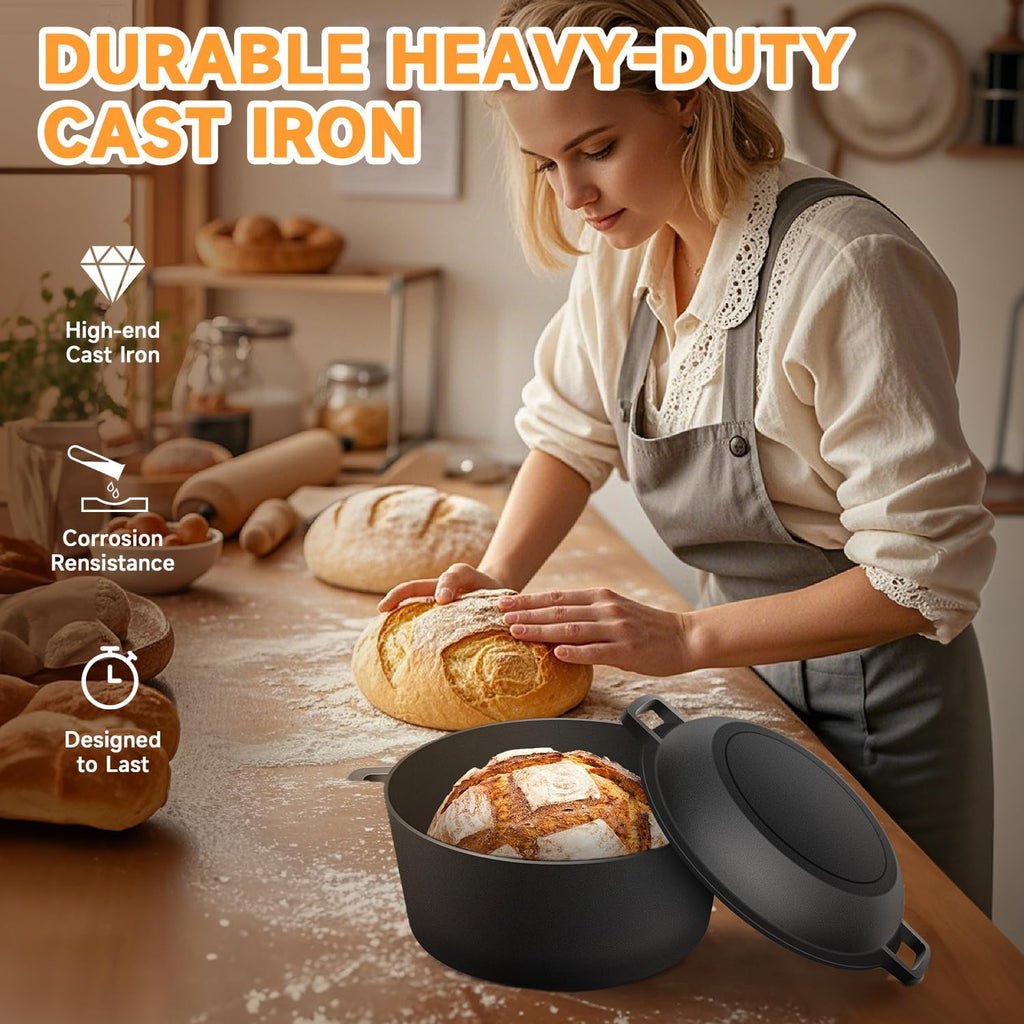 Cast Iron Dutch Oven Bread Baking Kit - 10-Piece Set with Banneton Basket, Dough Scraper, pizza shovel，Bread Lame, Whisk, Brush, and Silicone Grips with Skillet Lid Cooking Pan Handles Lame, 5QT