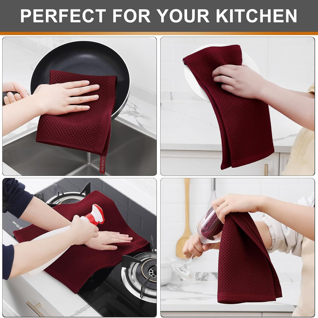 Kitinjoy 100% Cotton Waffle Weave Kitchen Towels, 12-Pack Super Soft and Absorbent Dish Towels for Drying Dishes, Kitchen Hand Towels, 13 in x 28 in, Burgundy