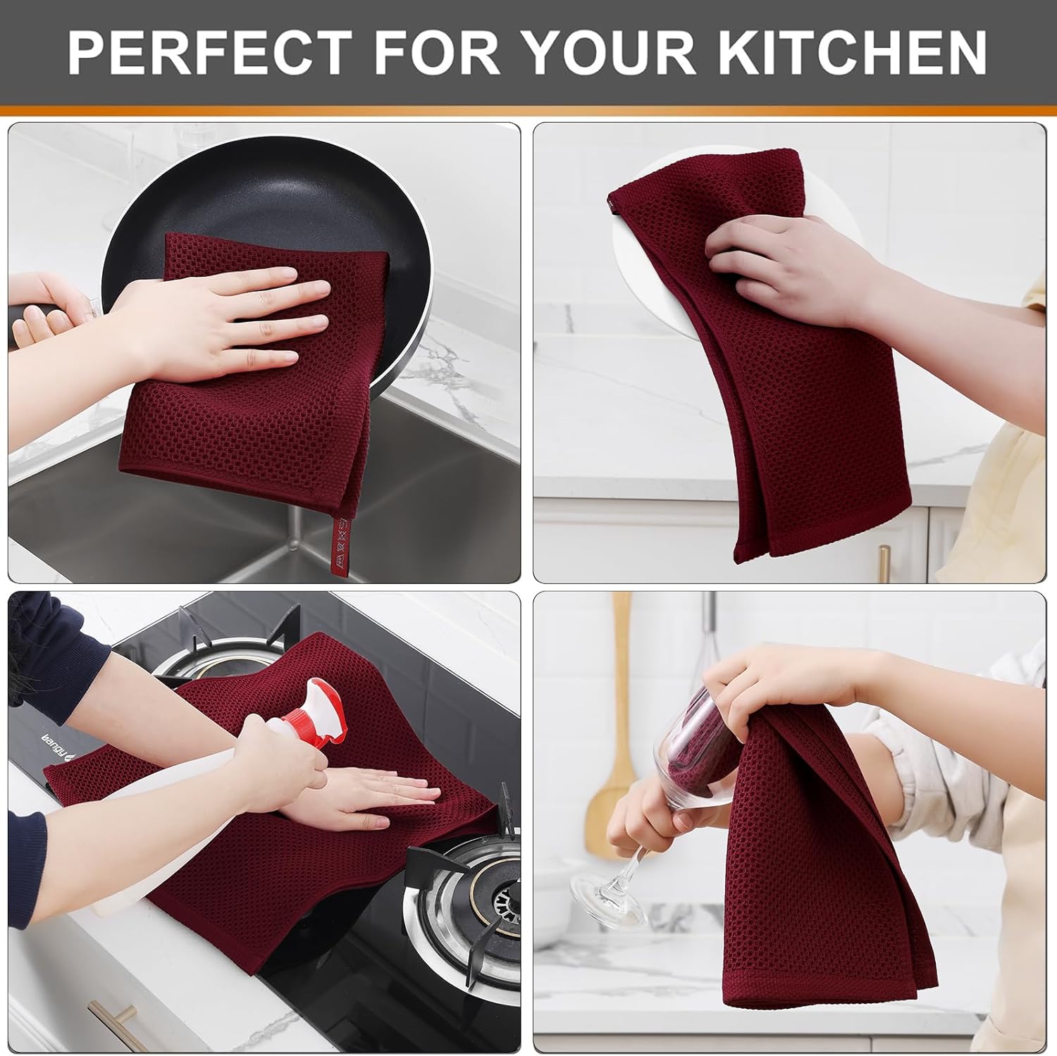 Kitinjoy 100% Cotton Waffle Weave Kitchen Towels, 12-Pack Super Soft and Absorbent Dish Towels for Drying Dishes, Kitchen Hand Towels, 13 in x 28 in, Burgundy