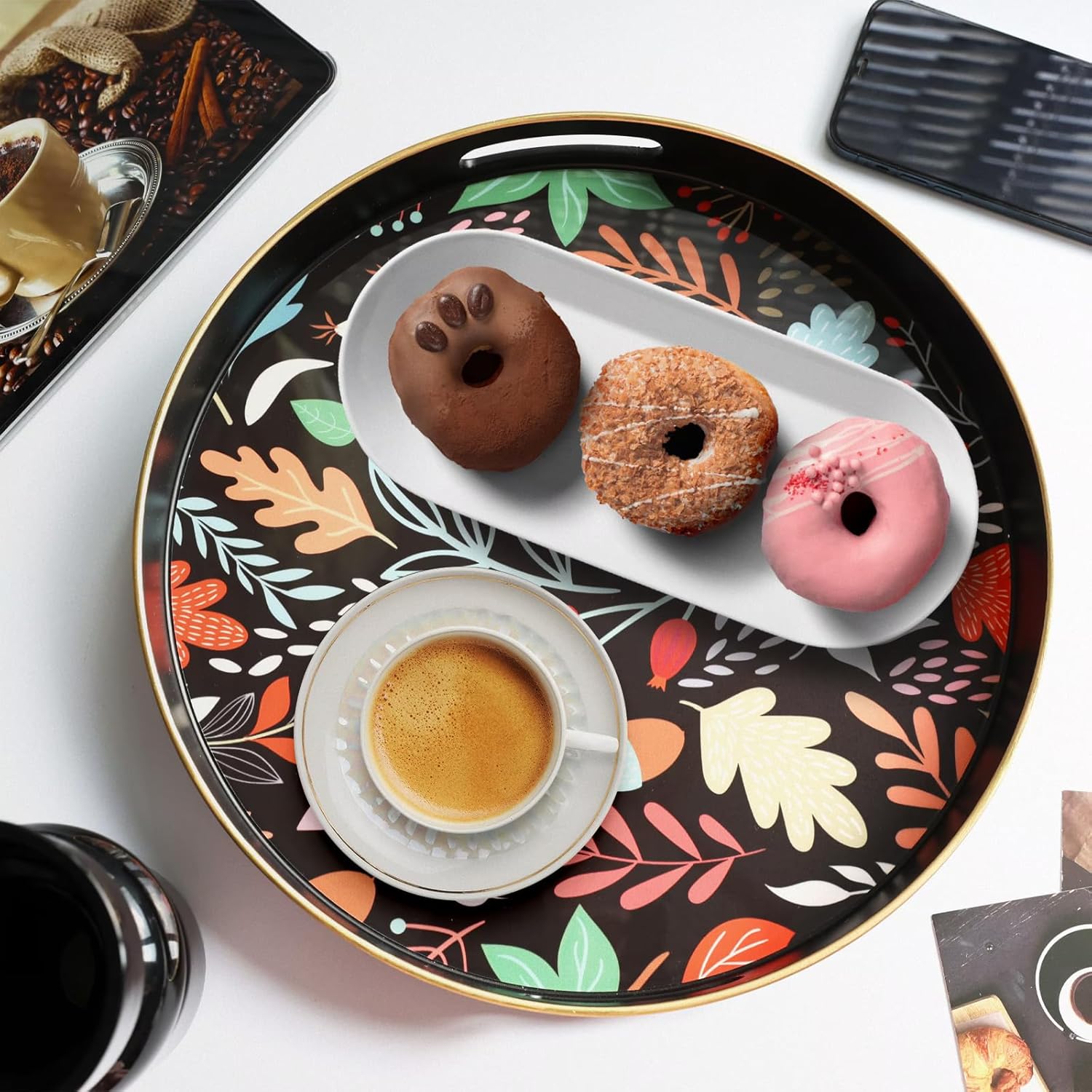 Round Serving Tray with Handles, Coffee Table Tray for Ottoman, Organizer Vanity Tray for Living Room, Outdoor Tray for Patio Entertaining, Serving Breakfast Kitchen Platter LEE33BH