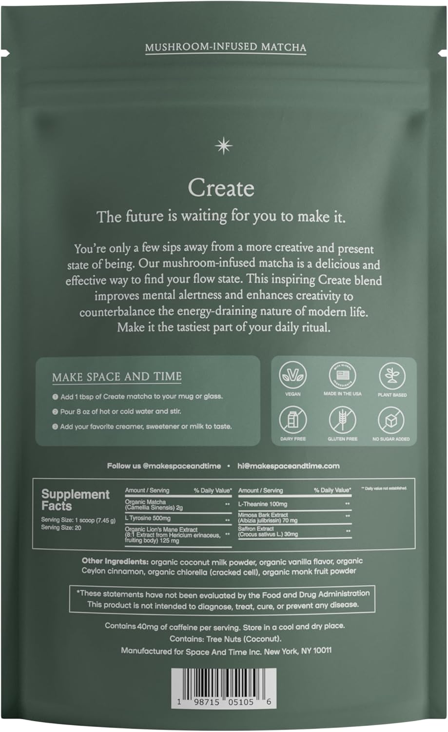 SPACE AND TIME Create - Mushroom Matcha Tea - 20 Cups of Creativity, Energy & Enhanced Mood - Organic Matcha Powder with Lions Mane, L-Theanine & Saffron