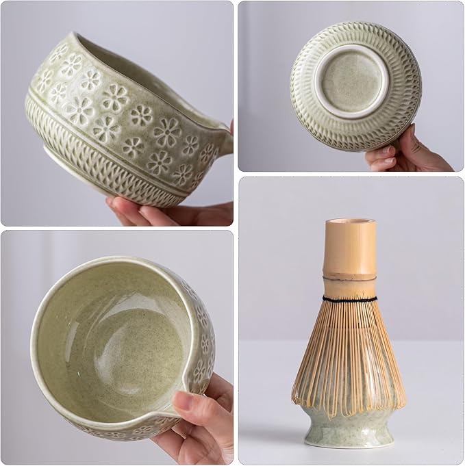 Matcha Whisk Set, Ceramic Matcha Kit Set Includes Matcha Bowl, Matcha Whisk and Holder, Bamboo Scoop, Scoop Rest, Sifter and Tea Towel - 7 Pcs Matcha Kit for Matcha Lovers (Mottled Green)