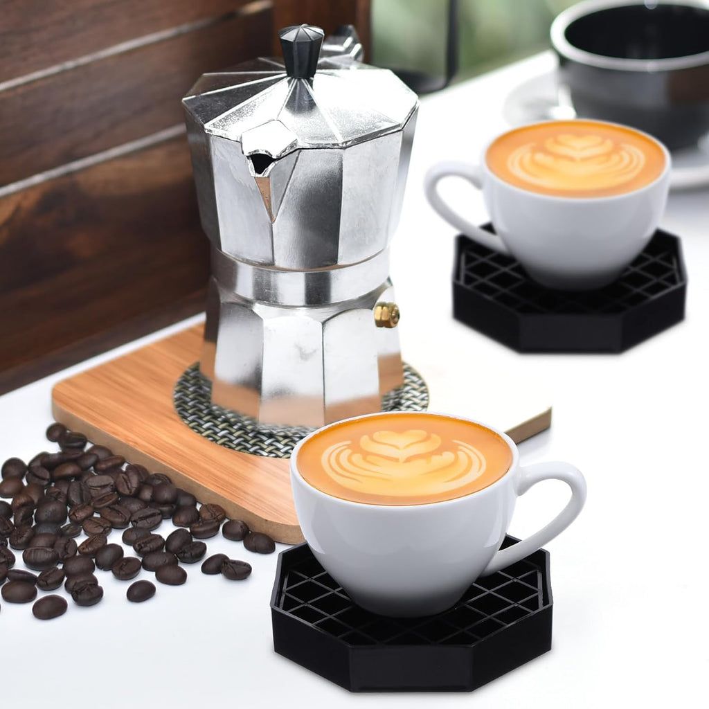 6 Pcs 4 Inch Black Plastic Octagon Coffee Drip Trays with Honeycomb Grid for Coffee, Tea, Wine
